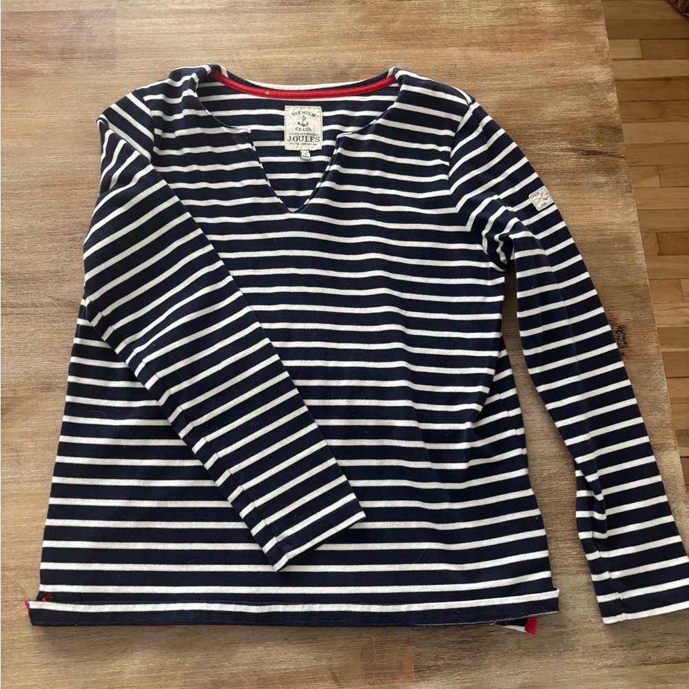 Joules Navy & White Striped V‑Neck Long Sleeve Top with Red Trim